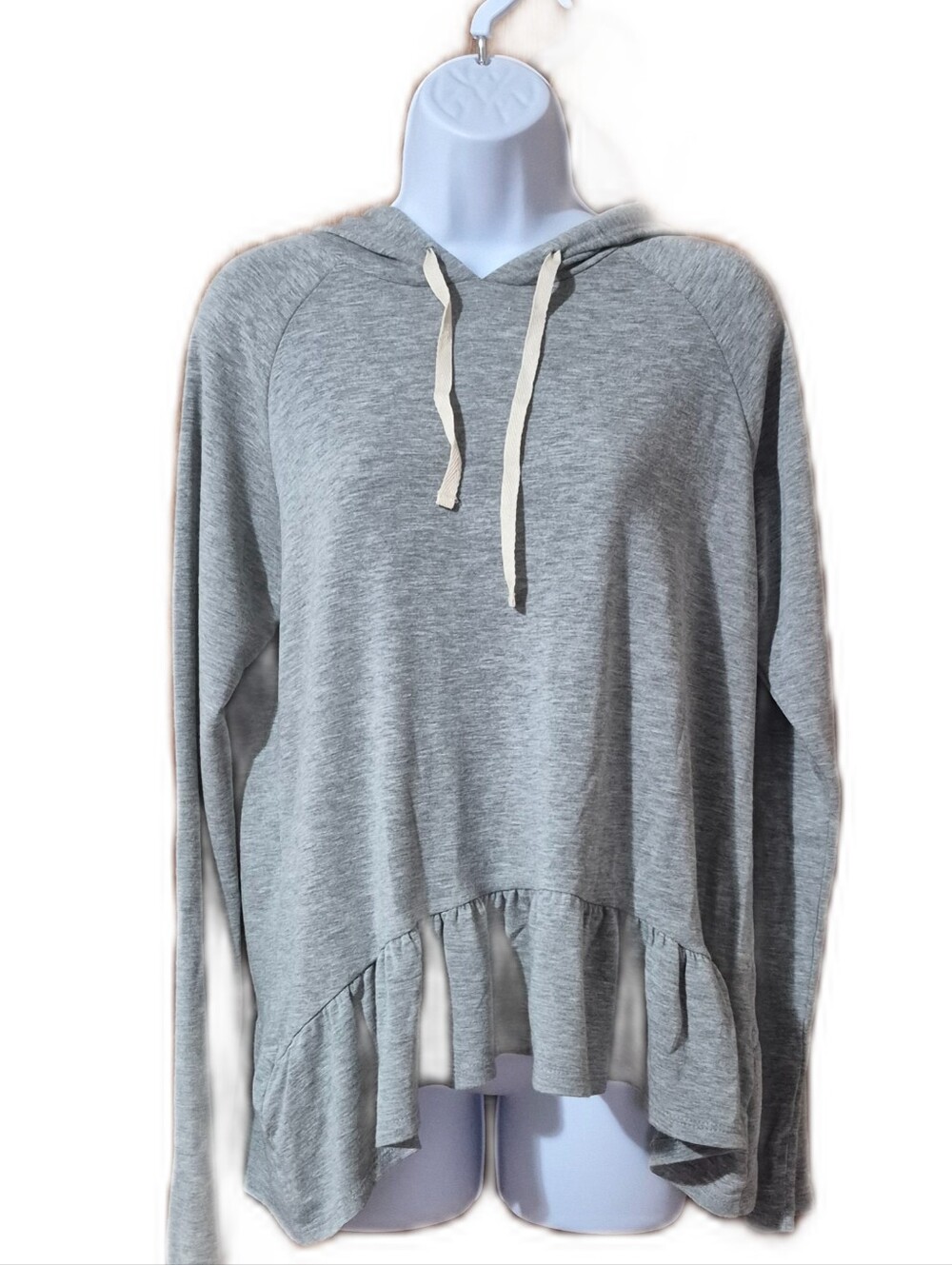 Jolie Women's Lightweight Gray Long Sleeve Hoodie, Asymmetrical Hem with Ruffles